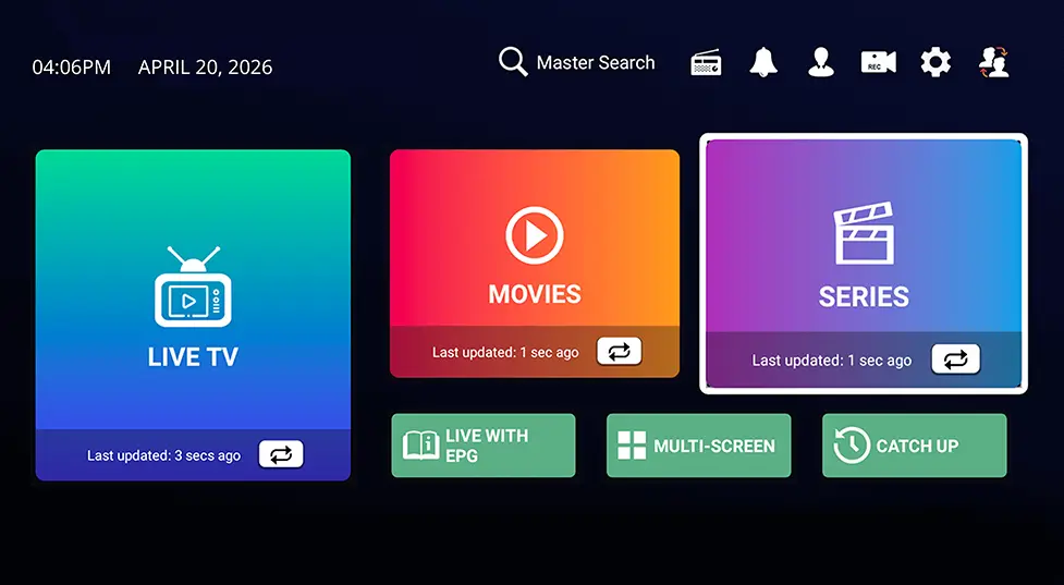 Écran d'accueil de l'application IPTV Smarters Pro après activation d'un code IPTV KronoTV